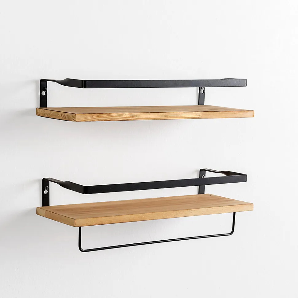 Set de 2 étagères murales Xavi avec porte-serviettes, bois de pin