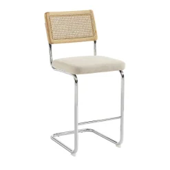 Skana - Lot de 2 chaises de bar en velours côtelé pieds chrome H66cm - Beige