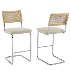 Skana - Lot de 2 chaises de bar en velours côtelé pieds chrome H66cm - Beige