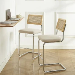 Skana - Lot de 2 chaises de bar en velours côtelé pieds chrome H66cm - Beige