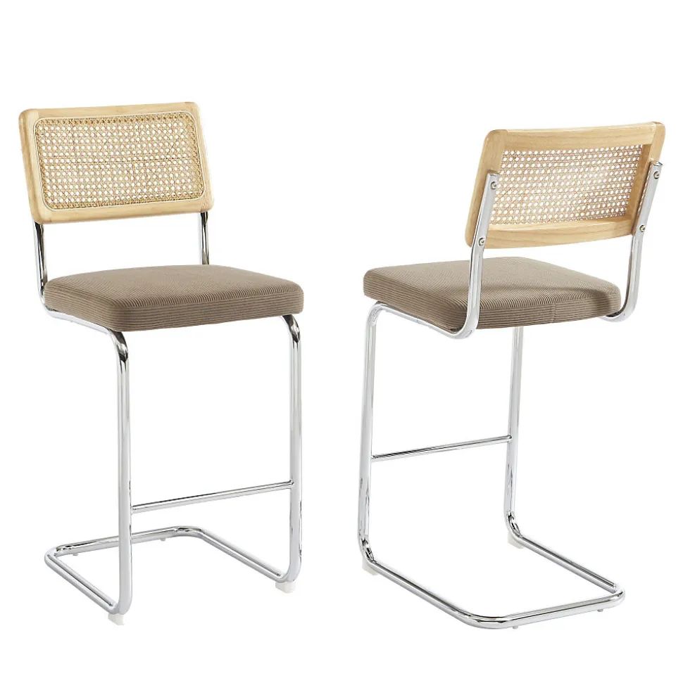 Skana - Lot de 2 chaises de bar en velours côtelé pieds chrome H66cm - Taupe