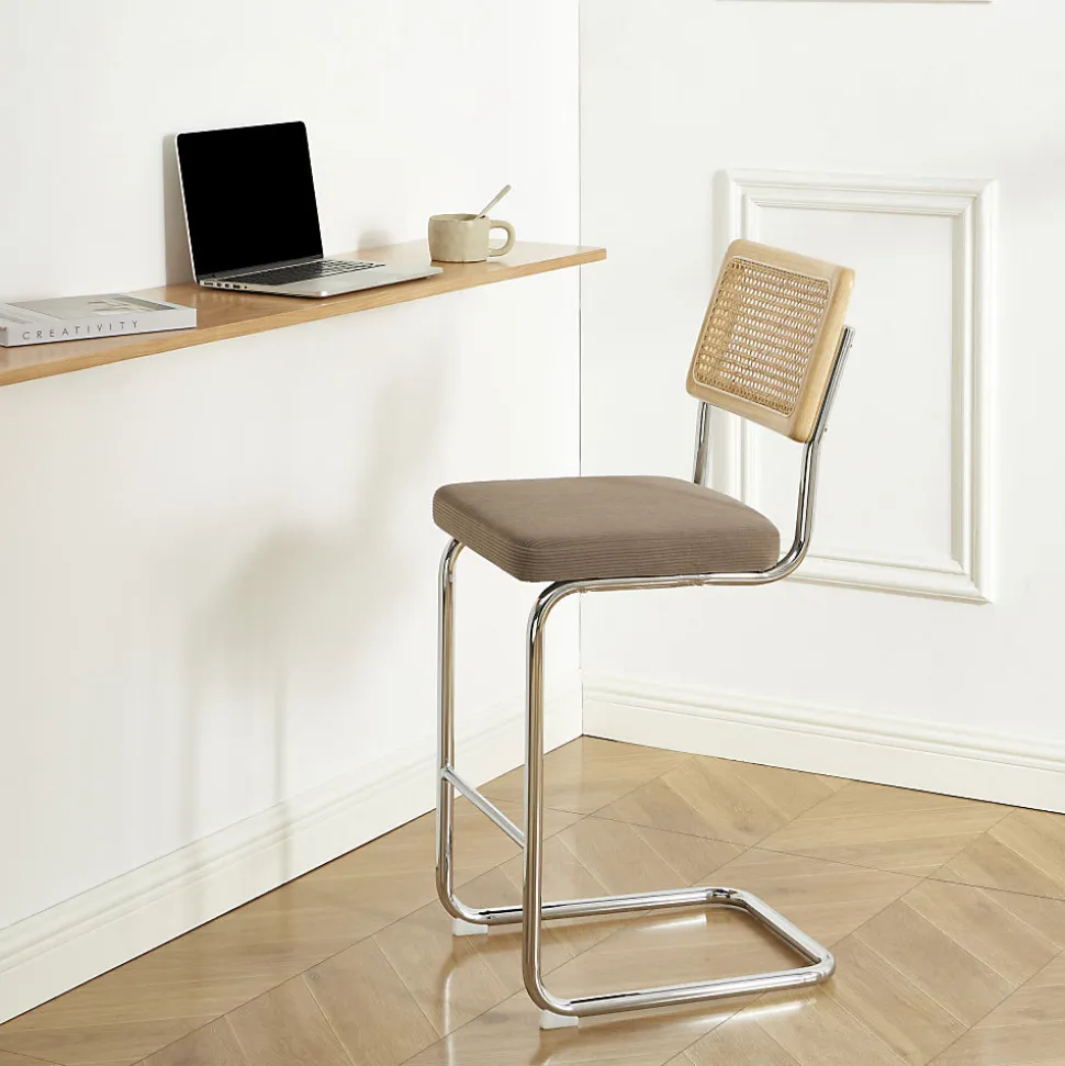 Skana - Lot de 2 chaises de bar en velours côtelé pieds chrome H66cm - Taupe