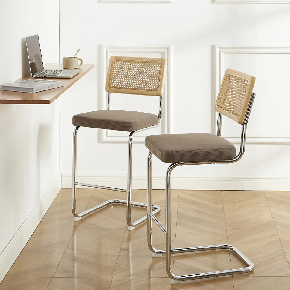 Skana - Lot de 2 chaises de bar en velours côtelé pieds chrome H66cm - Taupe