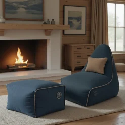 Soo Santaï Buddy's Rest fauteuil poire + repose pieds 90x60x85/45x60x35cm interieur dehoussable, Bleu jeans, sans polystyrène