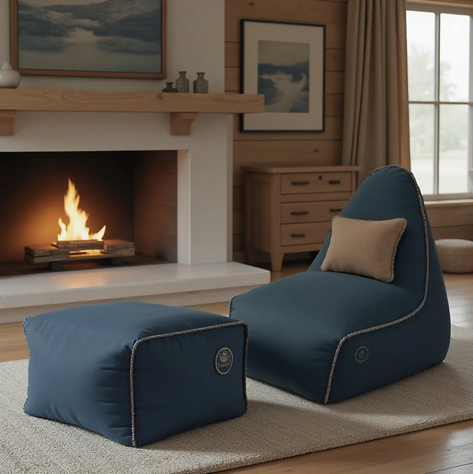 Soo Santaï Buddy's Rest fauteuil poire + repose pieds 90x60x85/45x60x35cm interieur dehoussable, Bleu jeans, sans polystyrène