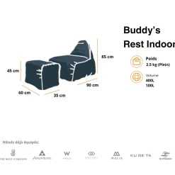 Soo Santaï Buddy's Rest fauteuil poire + repose pieds 90x60x85/45x60x35cm interieur dehoussable, Bleu jeans, sans polystyrène