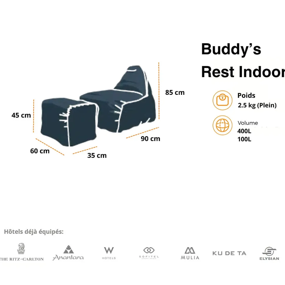 Soo Santaï Buddy's Rest fauteuil poire + repose pieds 90x60x85/45x60x35cm interieur dehoussable, Gris, sans polystyrène