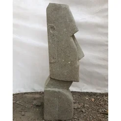 Statue jardin zen moai visage allongé en pierre volcanique 100 cm