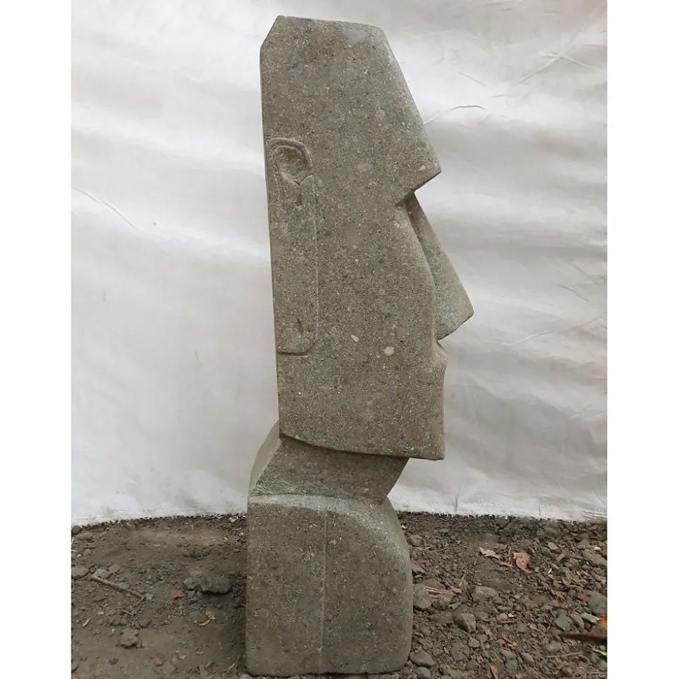 Statue jardin zen moai visage allongé en pierre volcanique 100 cm