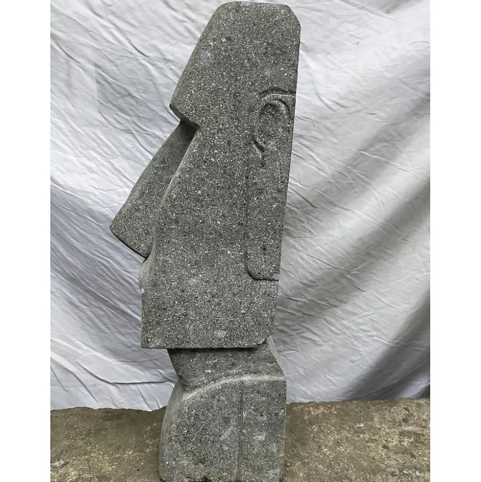 Statue jardin zen moai visage allongé en pierre volcanique 100 cm