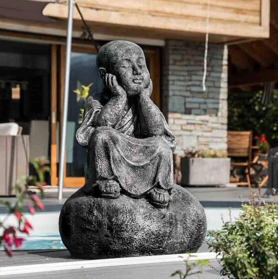 Statue moine shaolin pensif patiné gris 80 cm