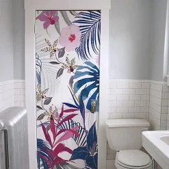 Sticker Adhésif Décoratif 204 cm X 83 cm pour Portes et Placards - Motif Plantes Exotiques Rose Bleu Vert