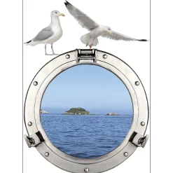 Sticker Fenêtre Hublot 3D, Vue Mer & Île, 68x48cm - Déco Murale Trompe l'Oeil