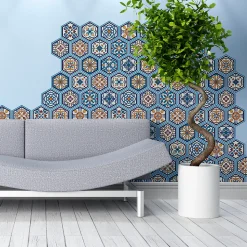 Sticker Mural Carrelage adhésif Cuisine Salle de Bain - CARRELAGES HEXAGONES BOIS PATINÉ BLEU-VERT - 28stickershexagones15x13,5cm