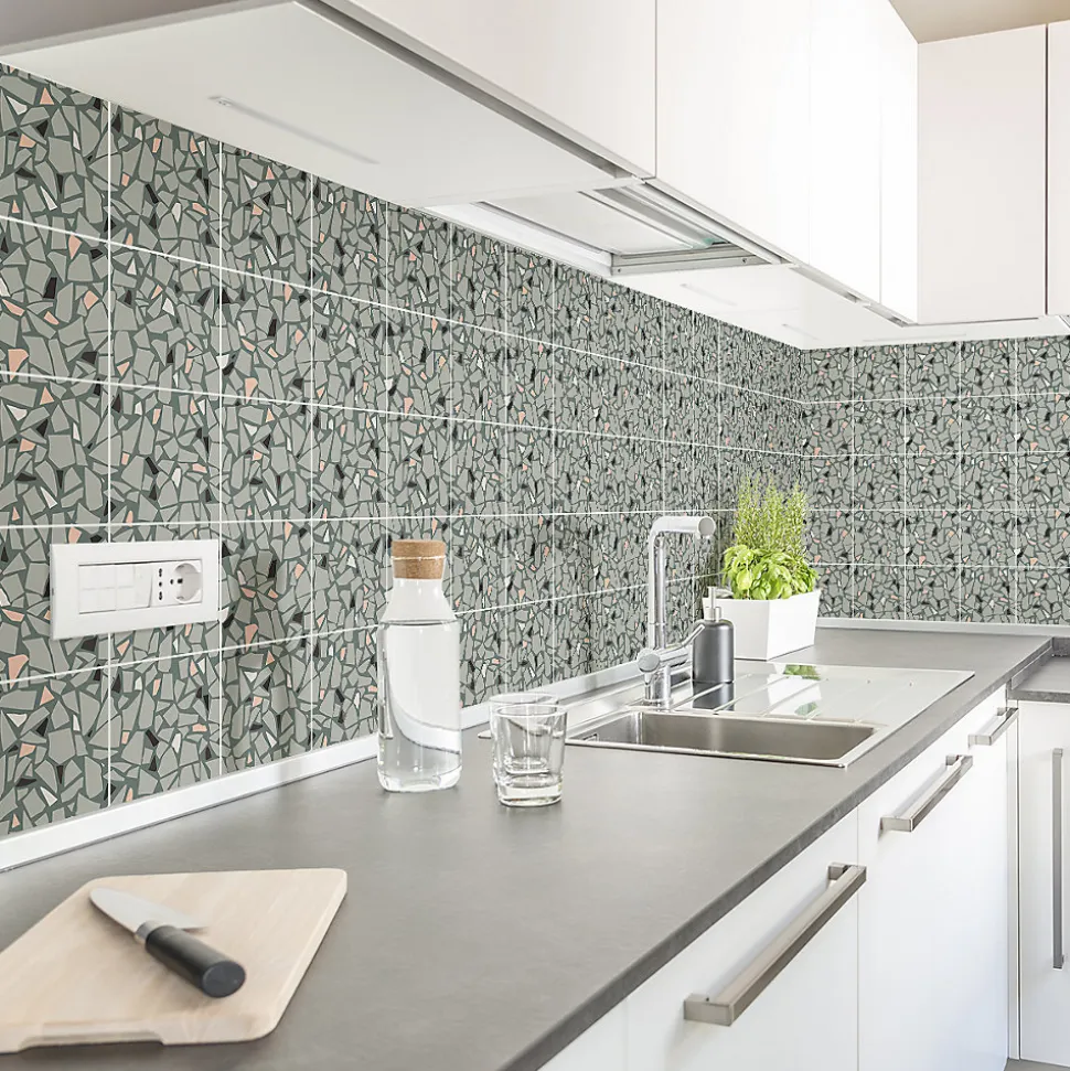 Sticker Mural Carrelage adhésif Cuisine Salle de Bain - 24 STICKERS CARRELAGES TERRAZZO TONVINO - 24stickers15x15cm
