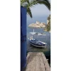 Sticker porte, trompe l'oeil porte en fer bleu, vue sur mer avec ponton, pêche , 204 cm X 73 cm