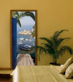 Sticker porte, trompe l'oeil porte en fer bleu, vue sur mer avec ponton, pêche , 204 cm X 73 cm