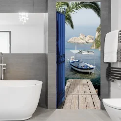 Sticker porte, trompe l'oeil porte en fer bleu, vue sur mer avec ponton, pêche , 204 cm X 73 cm