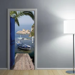 Sticker porte, trompe l'oeil porte en fer bleu, vue sur mer avec ponton, pêche , 204 cm X 73 cm