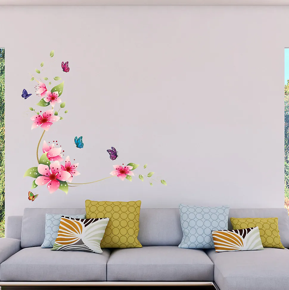 Stickers Muraux décoration adhésifs fleurs roses et papillons