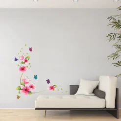 Stickers Muraux décoration adhésifs fleurs roses et papillons