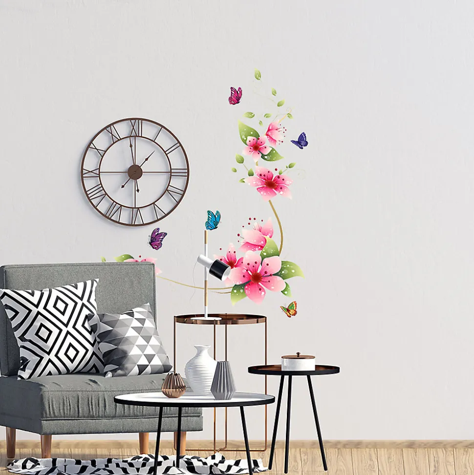 Stickers Muraux décoration adhésifs fleurs roses et papillons