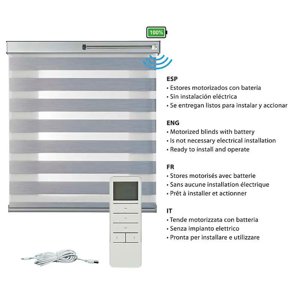 Store Motorisé Jour Nuit Enrouleur Moteur télécommande. Stores motorisés automatiques Batterie Finitions Aluminium Gris 140x250