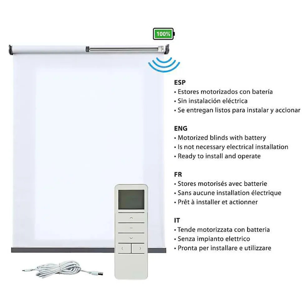 Store motorisé translucide avec batterie, moteur, télécommande et finition aluminiumBlanc 120 x 250cm