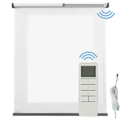 Store motorisé translucide avec batterie, moteur, télécommande et finition aluminiumBlanc 120 x 250cm
