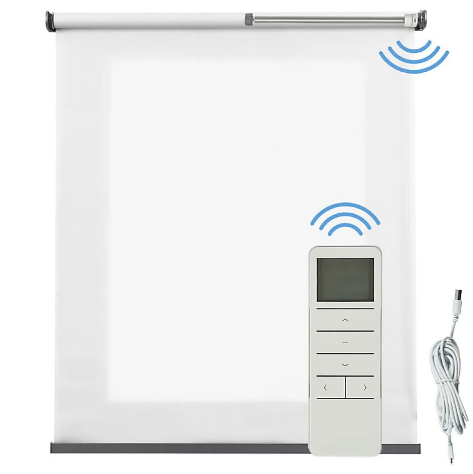 Store motorisé translucide avec batterie, moteur, télécommande et finition aluminiumBlanc 120 x 250cm