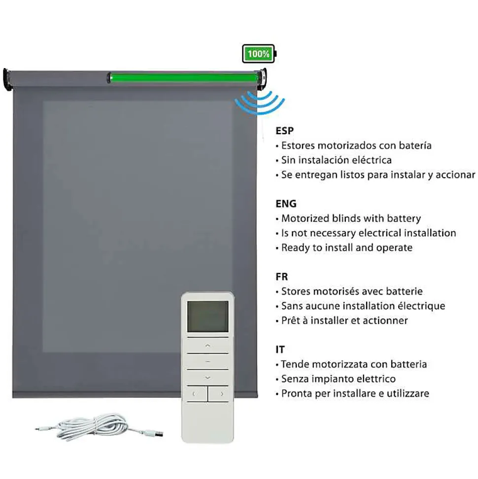 Stores enrouleurs motorisés screen premium, tissu technique, moteur, télécommande, Gris Foncé 100x250 cm