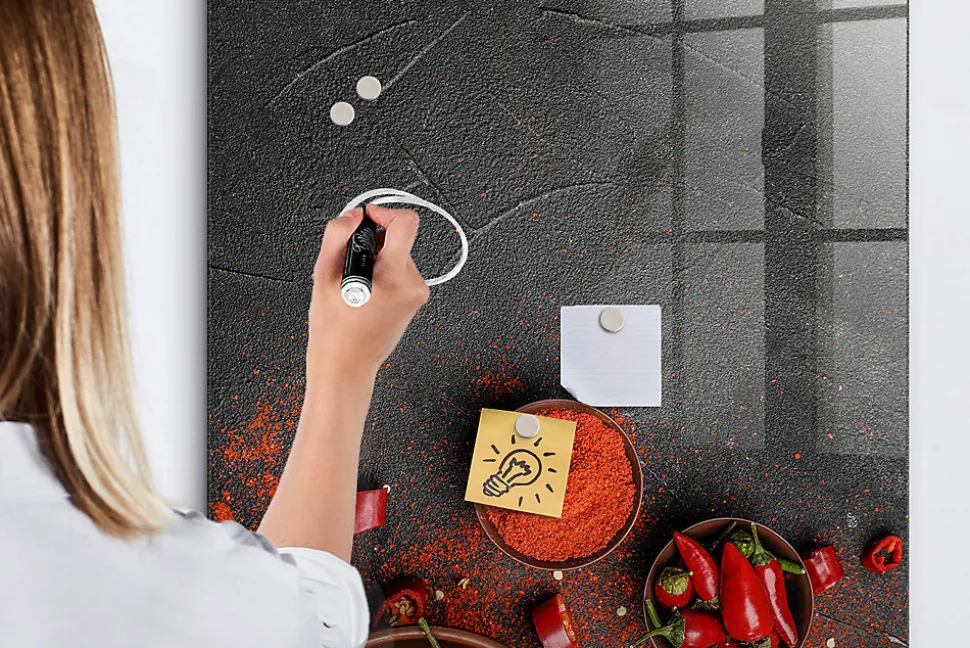 Tableau Aimanté Wallfluent 70x100 cm Paprika moulu Marqueur blanc En Verre Pour Cuisine