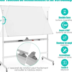 Tableau Blanc avec Hauteur Reglable Double Face Tableau Blanc Magnetique Rotatif Tableau Effacable de 120 x 90 CM