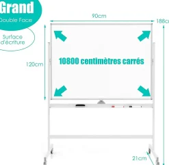 Tableau Blanc avec Hauteur Reglable Double Face Tableau Blanc Magnetique Rotatif Tableau Effacable de 120 x 90 CM