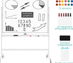 Tableau Blanc avec Hauteur Reglable Double Face Tableau Blanc Magnetique Rotatif Tableau Effacable de 120 x 90 CM