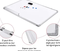 Tableau Blanc Magnetique avec 3 Stylos Effacables Couleur Noir-Rouge-Bleu 2 Autocollants Magnetiques et 2 Crochets Amovibles