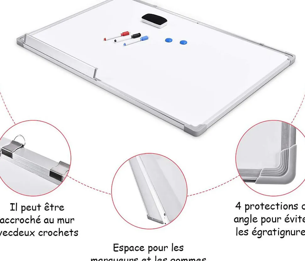 Tableau Blanc Magnetique avec 3 Stylos Effacables Couleur Noir-Rouge-Bleu 2 Autocollants Magnetiques et 2 Crochets Amovibles