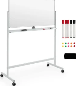 Tableau Blanc Magnetique Rotatif,Hauteur Reglable sur 2 Positions avec 4 Roues,120 x 60 CM, pour Ecole (Blanc)