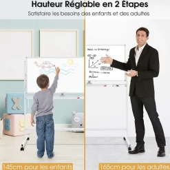 Tableau Blanc Magnetique Rotatif,Hauteur Reglable sur 2 Positions avec 4 Roues,120 x 60 CM, pour Ecole (Blanc)