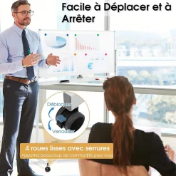 Tableau Blanc Magnetique Rotatif,Hauteur Reglable sur 2 Positions avec 4 Roues,120 x 60 CM, pour Ecole (Blanc)