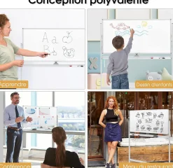 Tableau Blanc Magnetique Rotatif,Hauteur Reglable sur 2 Positions avec 4 Roues,120 x 60 CM, pour Ecole (Blanc)