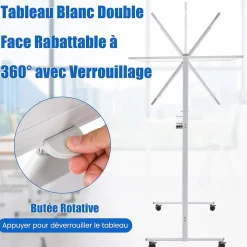 Tableau Blanc Magnetique 120x80CM Rotatif a Hauteur Reglable sur 2 Positions 4 Roues Universelles Tableau Effaçable