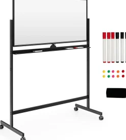 Tableau Blanc Magnetique Rotatif , Hauteur Reglable sur 2 Positions avec 4 Roues, 120 x 60 CM, pour Ecole (Noir)