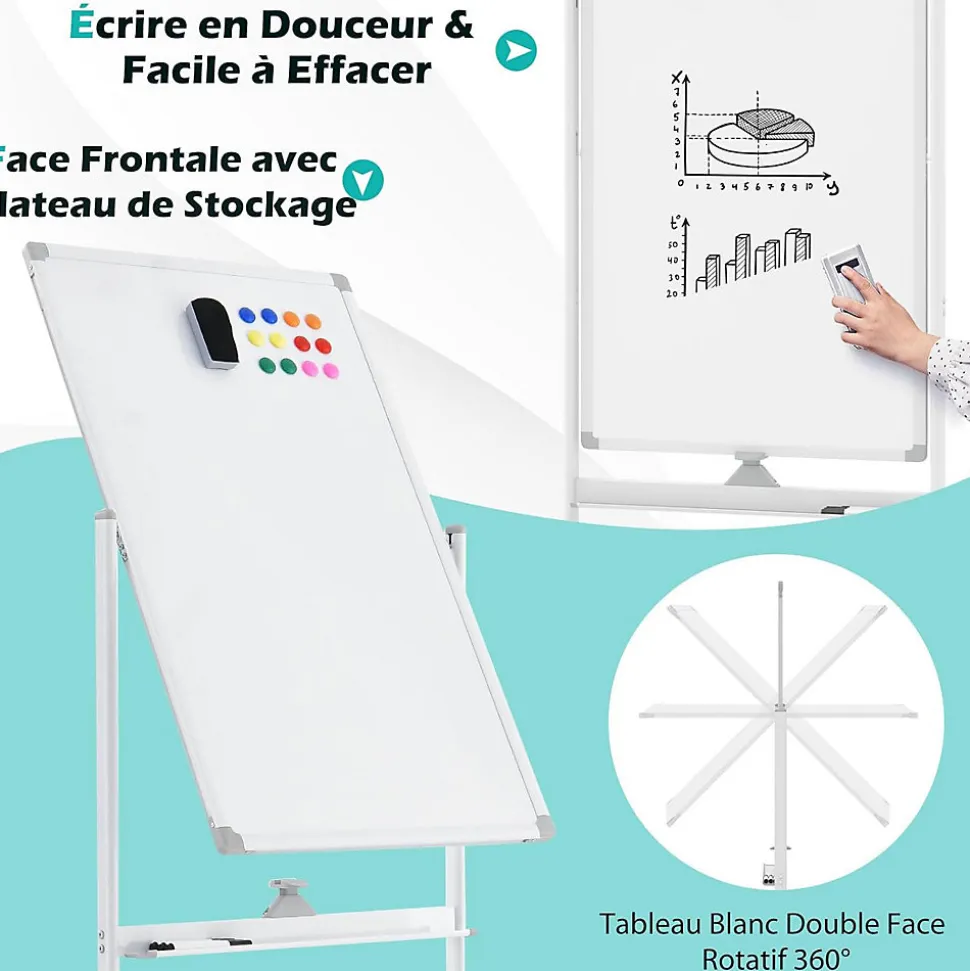 Tableau Blanc Roulant Magnetique 60x100cm avec Hauteur Reglable Double Face Effacable