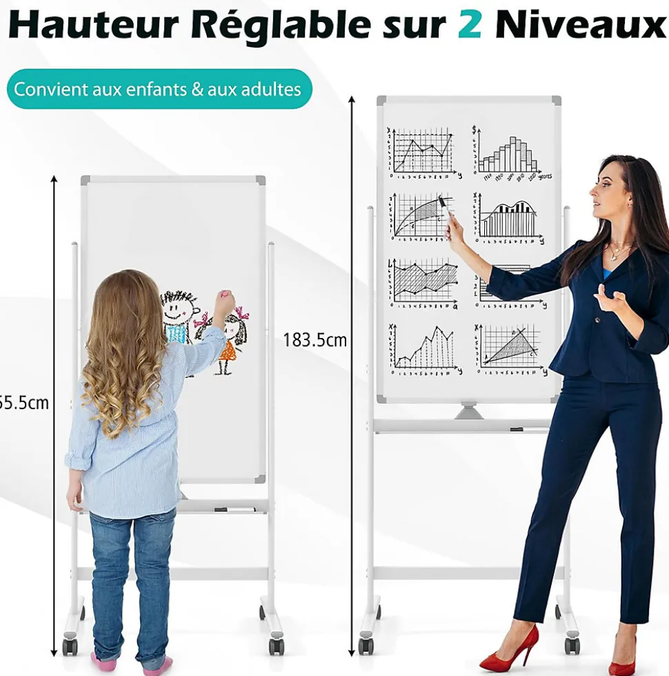 Tableau Blanc Roulant Magnetique 60x100cm avec Hauteur Reglable Double Face Effacable