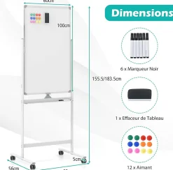 Tableau Blanc Roulant Magnetique 60x100cm avec Hauteur Reglable Double Face Effacable