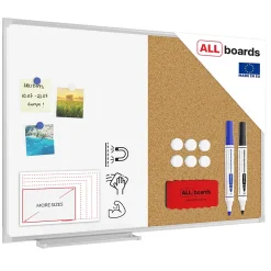 Tableau Combi 2 en 1, Blanc Magnétique Effaçable à Sec et en Liège avec Cadre en Aluminium 90x60cm