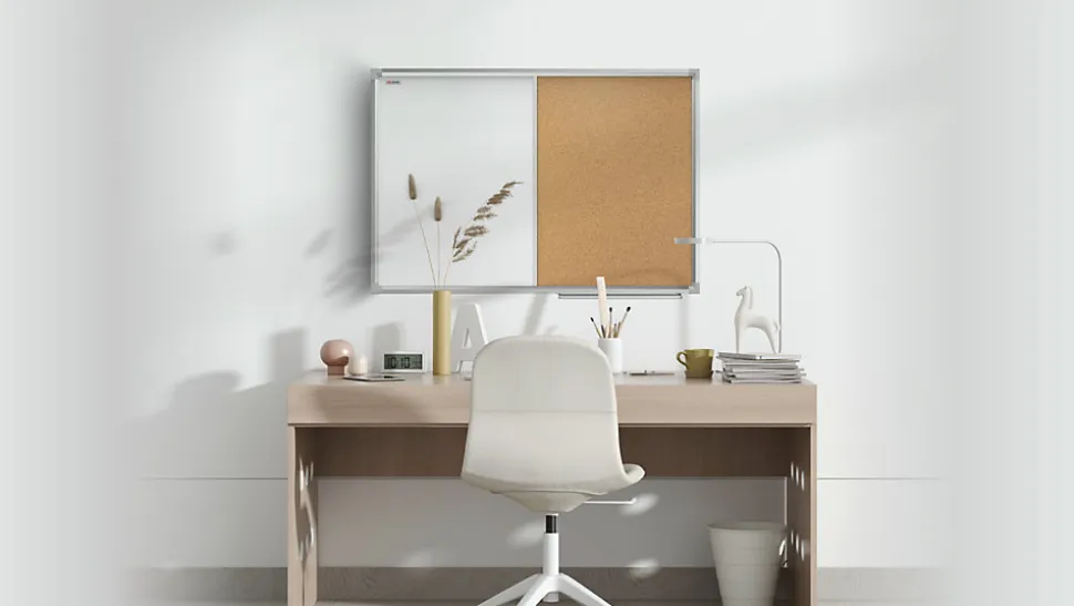Tableau Combi 2 en 1, Blanc Magnétique Effaçable à Sec et en Liège avec Cadre en Aluminium 90x60cm