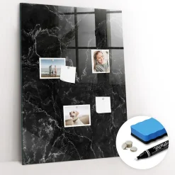 Tableau Magnétique Mural Wallfluent 70x100 cm Marbre foncé Marqueur blanc Panneau Mémo Décoratif