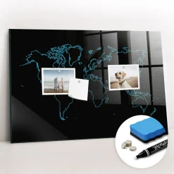 Tableau Magnétique Wallfluent 60x40 cm Contours de la carte du monde Marqueur blanc En Verre De Planification
